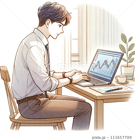 株式トレードをする若い男性(右横顔) 株式トレードをする若い男性(右横顔) 111657789