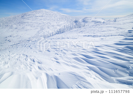 森吉山冬の絶景　シュカブラと頂上を望む　秋田県 111657798