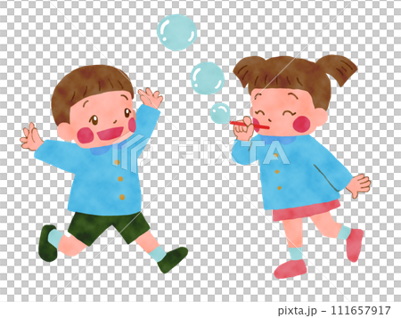 Children playing with soap bubbles Children playing with soap bubbles 111657917