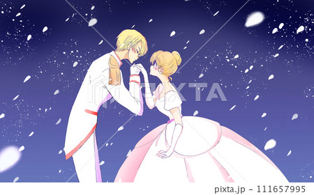 お姫様の手の甲にキスする王子様 金髪 花吹雪 夜 お姫様の手の甲にキスする王子様 金髪 花吹雪 夜 111657995