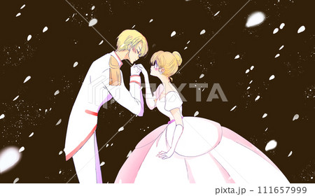 お姫様の手の甲にキスする王子様 金髪 花吹雪 お姫様の手の甲にキスする王子様 金髪 花吹雪 111657999