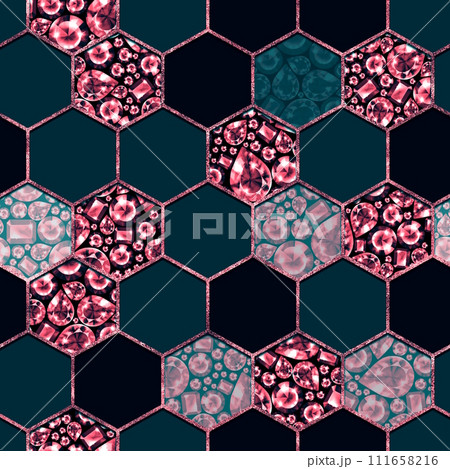 Seamless hexagon gemstones pattern. Jewels luxury background with red gems Seamless hexagon gemstones pattern. Jewels luxury background with red gems 111658216