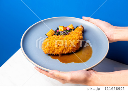 fried chicken thigh with vegetable and sauce fried chicken thigh with vegetable and sauce 111658995