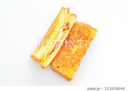 French toast ham bacon cheese sandwich with egg 111659048