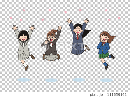 ジャンプする学生 4人 女の子 ジャンプする学生 4人 女の子 111659161