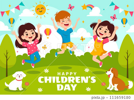 Happy Children's Day Vector Illustration with Kids Togetherness in Children Celebration Cartoon Bright Sky Blue Background and Green Field Design 111659180