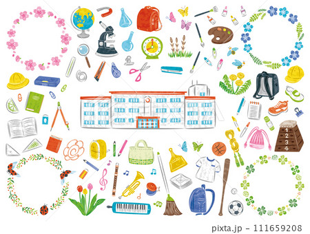 小学校　学校生活の文房具や道具　春の植物　イラストセット 111659208