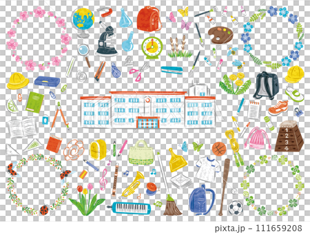 小學生活文具工具春季植物插畫套裝 111659208