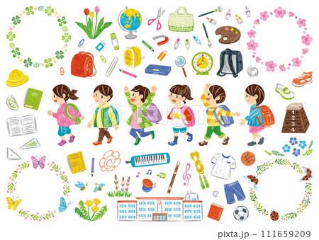 ランドセルを背負った小学生 学校生活の文房具や道具 春の植物 イラストセット ランドセルを背負った小学生 学校生活の文房具や道具 春の植物 イラストセット 111659209