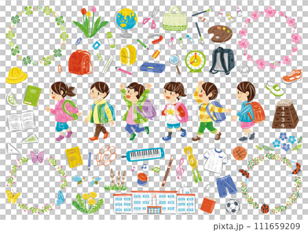 Elementary school student carrying a school bag, stationery and tools for school life, spring plants, illustration set Elementary school student carrying a school bag, stationery and tools for school life, spring plants, illustration set 111659209