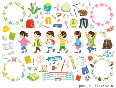 友達と歩く小学生　学校生活の文房具や道具　春の植物　イラストセット 111659210