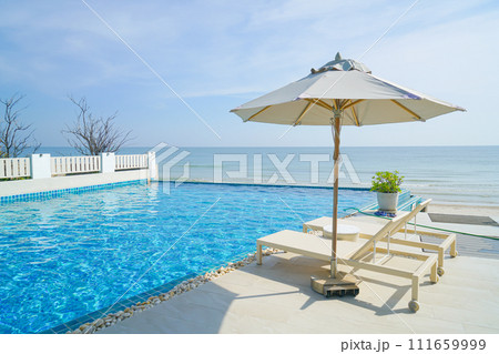 bed pool around swimming pool with sea background 111659999