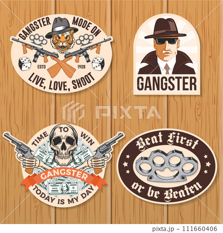 Set of American gangster club badge, patch, sticker design. Vector illustration. Vintage monochrome label, sticker, patch with gangster, submachine gun and tiger gangster skull silhouettes. 111660406
