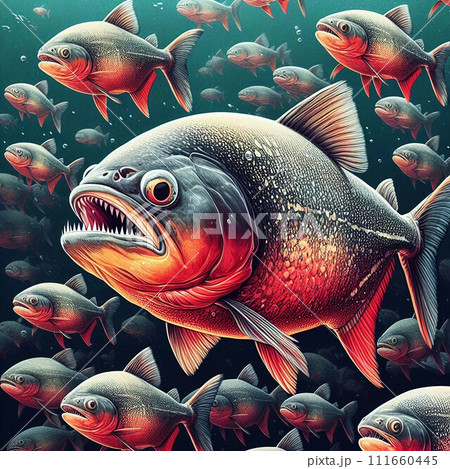 群れで泳ぐピラニア 群れで泳ぐピラニア 111660445