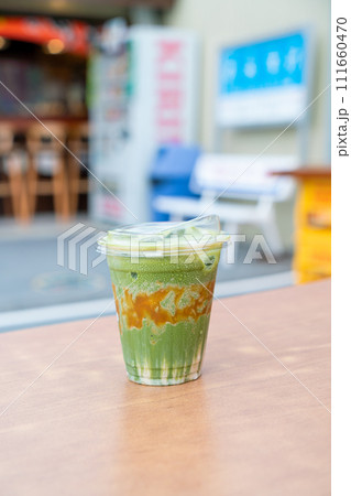 matcha green tea latte with caramel matcha green tea latte with caramel 111660470