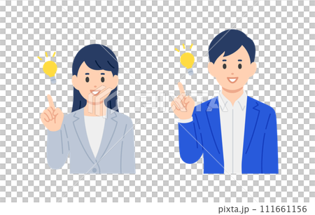 ひらめきのポーズをするビジネスパーソン男女のセット【人物ベクターイラスト素材】 111661156