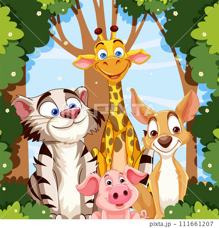 Friendly Animals in a Forest Clearing 111661207