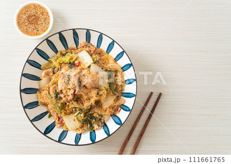 Stir-Fried Thai Styled Sukiyaki or Stir-fried vermicelli with pork and vegetables in sukiyaki sauce Stir-Fried Thai Styled Sukiyaki or Stir-fried vermicelli with pork and vegetables in sukiyaki sauce 111661765