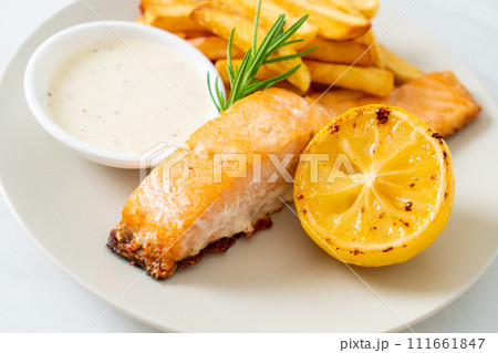 fried salmon fish and chips 111661847