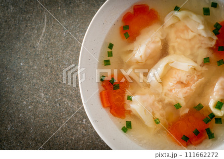 shrimp dumpling soup in white bowl shrimp dumpling soup in white bowl 111662272