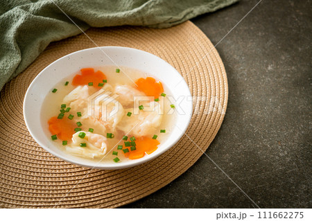shrimp dumpling soup in white bowl shrimp dumpling soup in white bowl 111662275