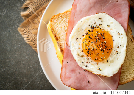 bread toasted cheese topped ham and fried egg with pork sausage bread toasted cheese topped ham and fried egg with pork sausage 111662340