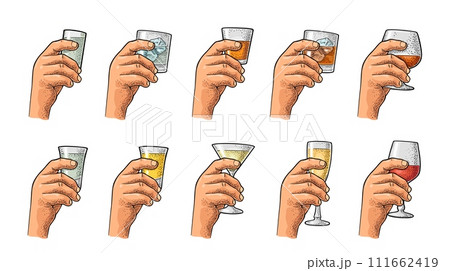 Hand holding glass tequila, vodka, rum, cognac, whiskey, gin, cocktail. Hand holding glass tequila, vodka, rum, cognac, whiskey, gin, cocktail. 111662419