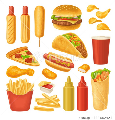 French fry stick potato in paper box. Vector color realistic illustration. French fry stick potato in paper box. Vector color realistic illustration. 111662421