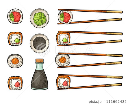 Chopsticks with sushi roll and wasabi, soy sauce. Vintage vector engraving 111662423