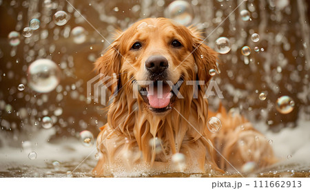 Cute dog in bathtub with foam and soap bubbles indoors. 111662913
