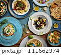 mediterranean, food. flat lay of table setting with variety of antipasti ai generated 111662974