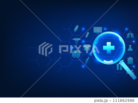 Medical technology Magnifying glass looking at medical icons, showing technology and medical that was jointly developed to help find information on treatment and diagnosis of new diseases with patient Medical technology Magnifying glass looking at medical icons, showing technology and medical that was jointly developed to help find information on treatment and diagnosis of new diseases with patient 111662986