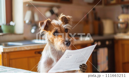 支払い書類を読んで困っている犬 111663251