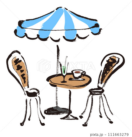 カフェのテラス席のテーブルと椅子とテラス席のパラソルの手描きイラスト カフェのテラス席のテーブルと椅子とテラス席のパラソルの手描きイラスト 111663279