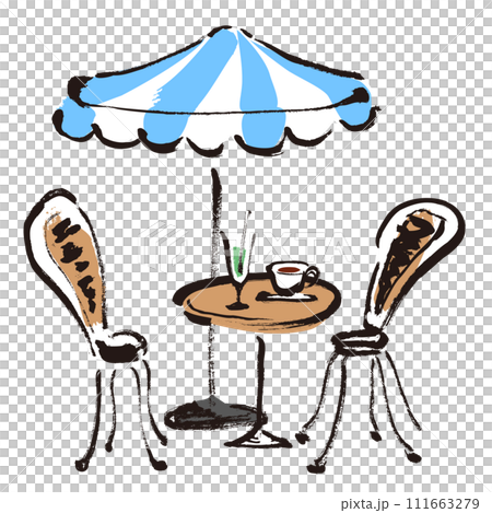 カフェのテラス席のテーブルと椅子とテラス席のパラソルの手描きイラスト カフェのテラス席のテーブルと椅子とテラス席のパラソルの手描きイラスト 111663279