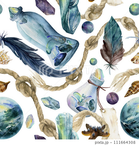 Hand drawn watercolor illustration sea witch altar objects. Glass vial knot rope precious stones feathers starfish. Seamless pattern isolated on white background. Design print, shop, magic, packaging Hand drawn watercolor illustration sea witch altar objects. Glass vial knot rope precious stones feathers starfish. Seamless pattern isolated on white background. Design print, shop, magic, packaging 111664308