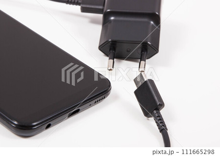 Mobile phone and charger with plug. Smartphone charging 111665298