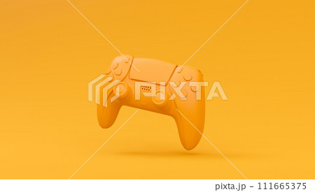 Video game joystick or gamepad in plain monochrome yellow color background with copy space. 3D render of streaming gear for cloud gaming and gamer workspace concept Video game joystick or gamepad in plain monochrome yellow color background with copy space. 3D render of streaming gear for cloud gaming and gamer workspace concept 111665375