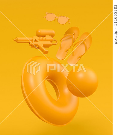 Colorful beach accessories on monochrome background. 3D render of summer vacation concept and holidays Colorful beach accessories on monochrome background. 3D render of summer vacation concept and holidays 111665383