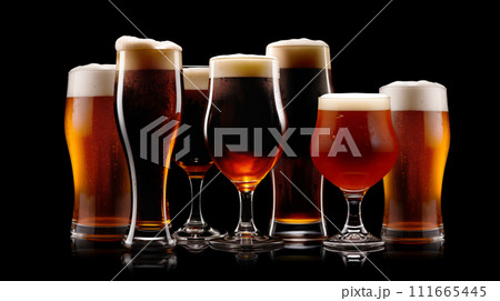 AI-generated content. Set of Beer glasses on a black background. Mugs with fresh, cool foamy beer like Ipa, Pale Ale, Pilsner, Porter or Stout AI-generated content. Set of Beer glasses on a black background. Mugs with fresh, cool foamy beer like Ipa, Pale Ale, Pilsner, Porter or Stout 111665445