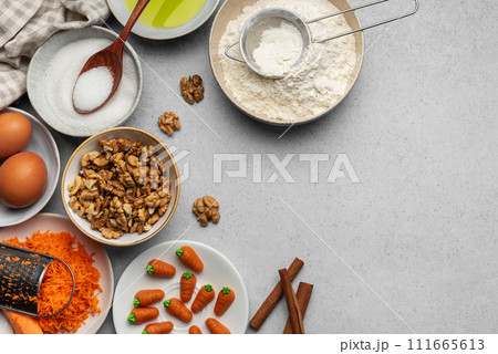 Ingredients for baking carrot cake 111665613