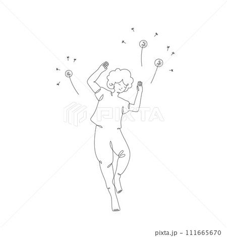 Sleeping girl with dandelions, top view, isolated line art illustration 111665670