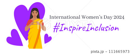 Inspire inclusion campaign pose. International Women's Day 2024 theme banner. Smiling Indian woman makes heart symbol with hands to stop discrimination and stereotypes. Gender equal inclusive world Inspire inclusion campaign pose. International Women's Day 2024 theme banner. Smiling Indian woman makes heart symbol with hands to stop discrimination and stereotypes. Gender equal inclusive world 111665973