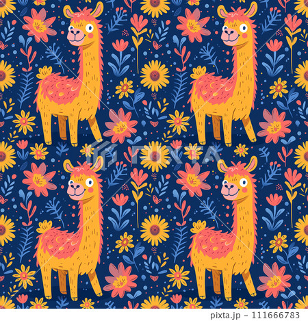 Cute Funny Cute Blue Seamless Pattern Background with Lama Pattern Background with Lama 111666783
