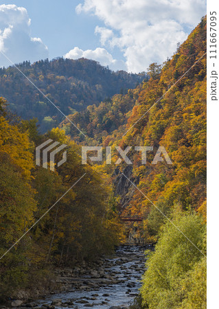 日本 北海道札幌市南区定山渓にある月見橋から見える二見吊橋と紅葉 日本 北海道札幌市南区定山渓にある月見橋から見える二見吊橋と紅葉 111667095
