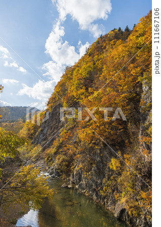日本 北海道札幌市南区定山渓の二見吊橋から見える豊平川沿いのかっぱ淵と紅葉 日本 北海道札幌市南区定山渓の二見吊橋から見える豊平川沿いのかっぱ淵と紅葉 111667106