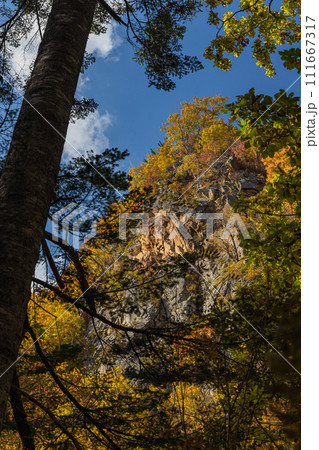 日本 北海道札幌市南区定山渓の豊平川沿いのかっぱ淵と紅葉 日本 北海道札幌市南区定山渓の豊平川沿いのかっぱ淵と紅葉 111667317