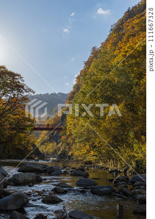 日本 北海道札幌市南区定山渓の二見吊橋と紅葉 日本 北海道札幌市南区定山渓の二見吊橋と紅葉 111667328