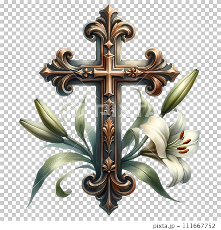 Cross with lily flower watercolor for easter clipart 111667752