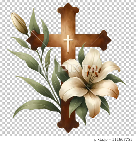 Cross with lily flower watercolor for easter clipart 111667753
